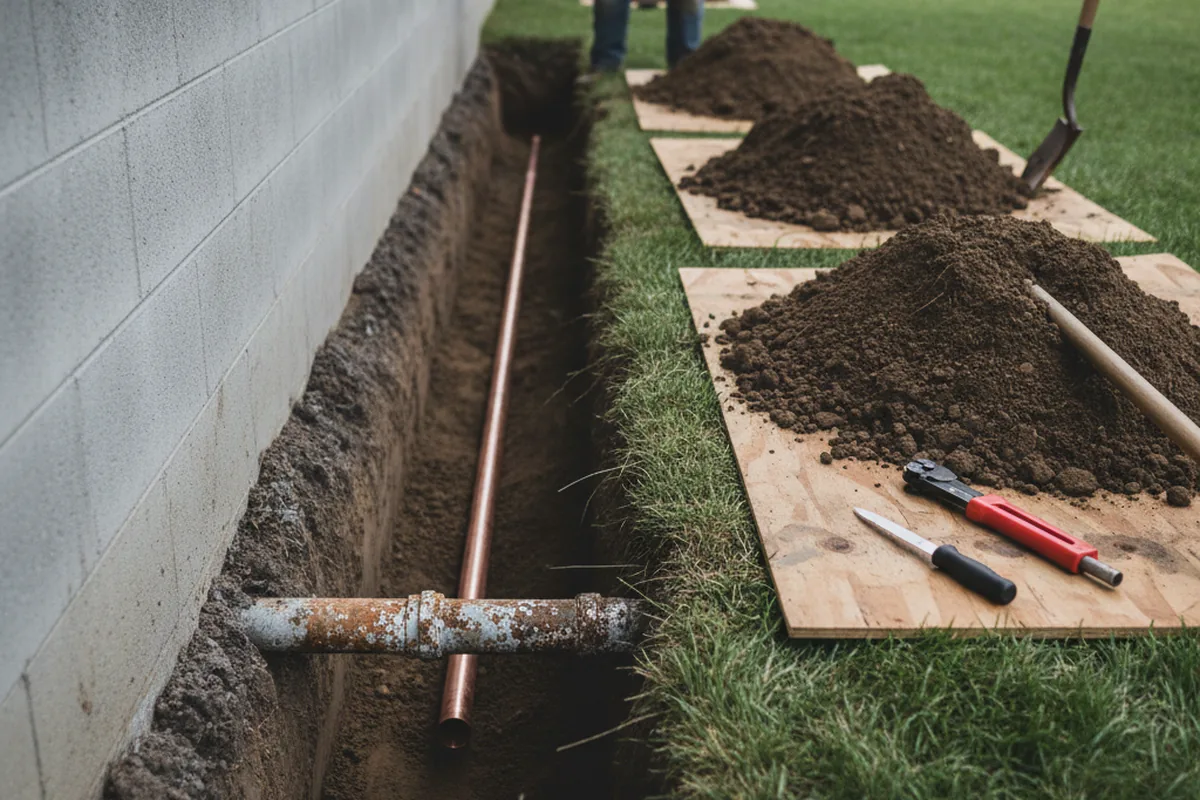 Excavated water line trench during Sewer Line Repair in Berkeley Springs